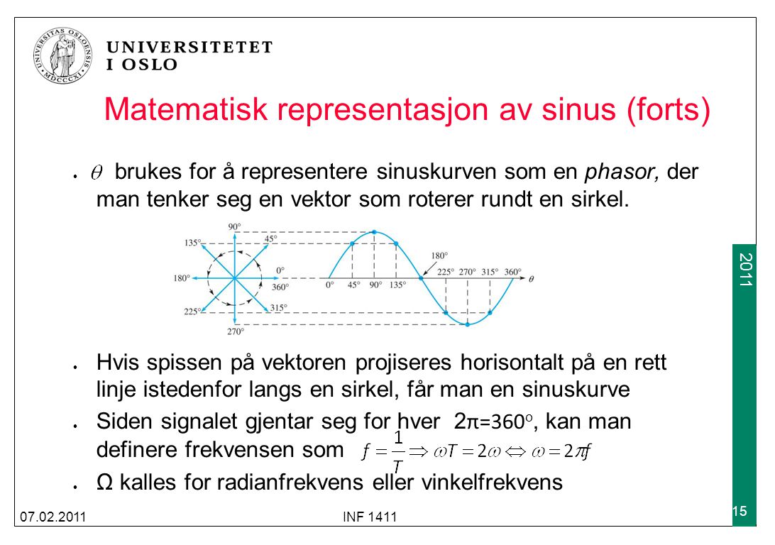 Matematisk representasjon av sinus (forts) brukes for å representere sinuskurven som en phasor, der man tenker seg en vektor som roterer rundt en sirkel.