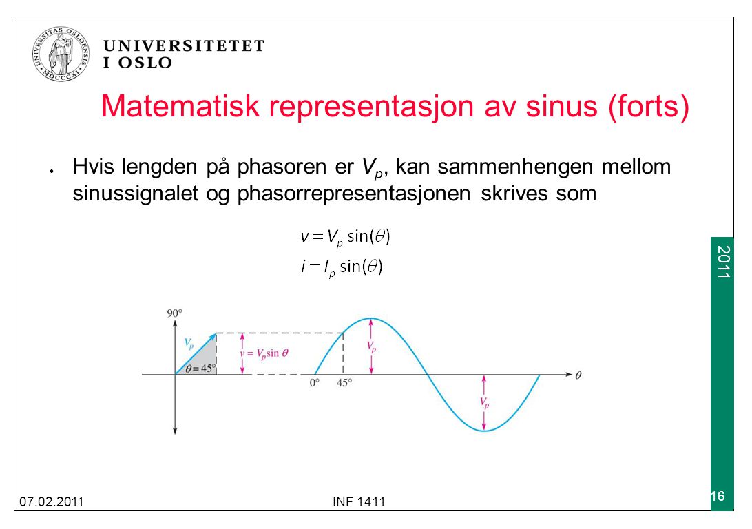 Matematisk representasjon av sinus (forts) Hvis lengden på phasoren er V p, kan sammenhengen mellom sinussignalet og phasorrepresentasjonen skrives som INF