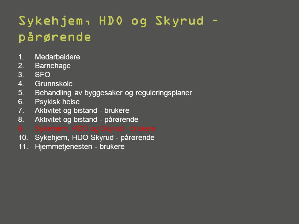 Sykehjem, HDO og Skyrud – pårørende 1. Medarbeidere 2.
