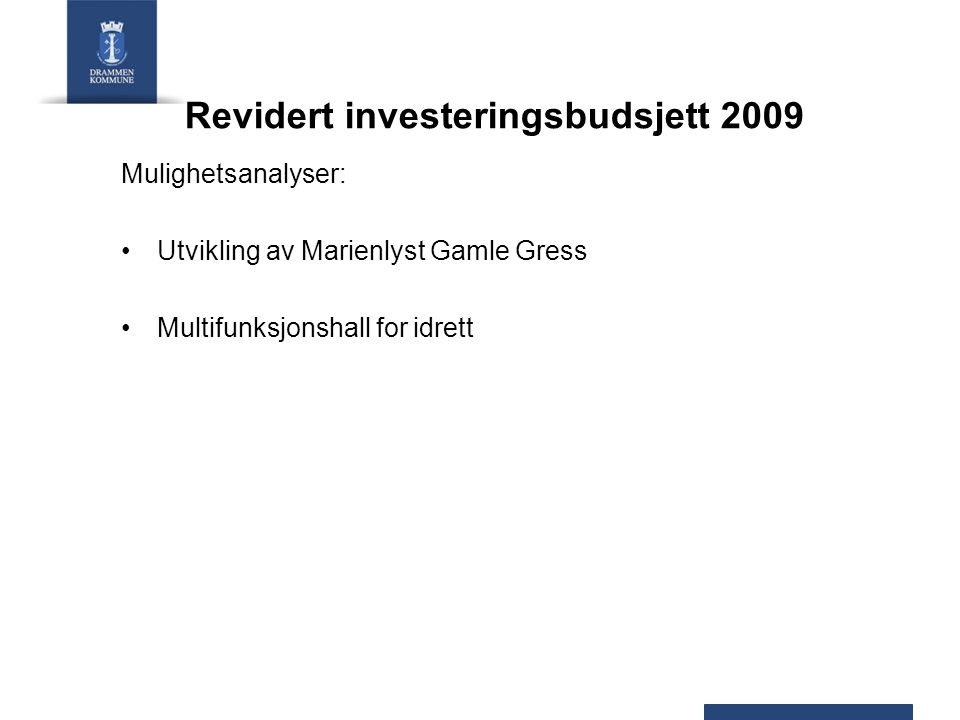 Revidert investeringsbudsjett 2009 Mulighetsanalyser: Utvikling av Marienlyst Gamle Gress Multifunksjonshall for idrett