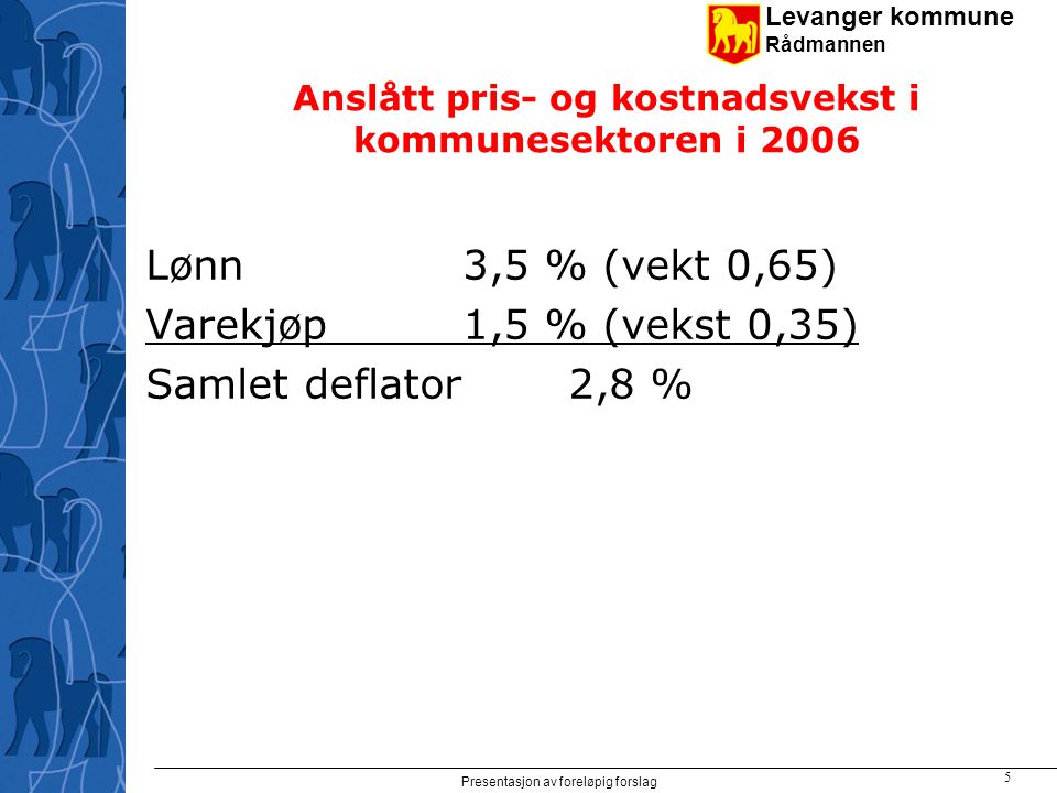 Levanger kommune Rådmannen Presentasjon av foreløpig forslag 5 Anslått pris- og kostnadsvekst i kommunesektoren i 2006 Lønn3,5 % (vekt 0,65) Varekjøp1,5 % (vekst 0,35) Samlet deflator2,8 %