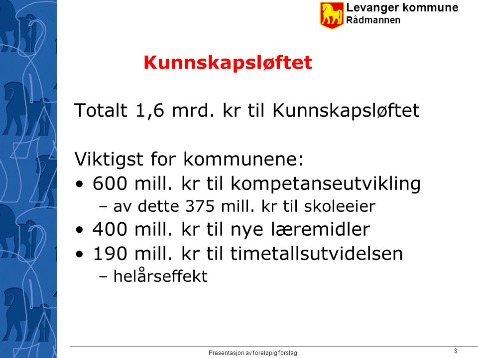 Levanger kommune Rådmannen Presentasjon av foreløpig forslag 8 Kunnskapsløftet Totalt 1,6 mrd.