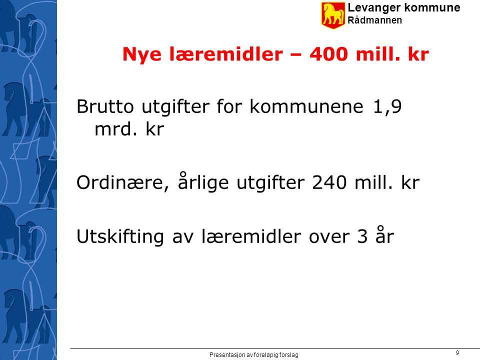 Levanger kommune Rådmannen Presentasjon av foreløpig forslag 9 Nye læremidler – 400 mill.