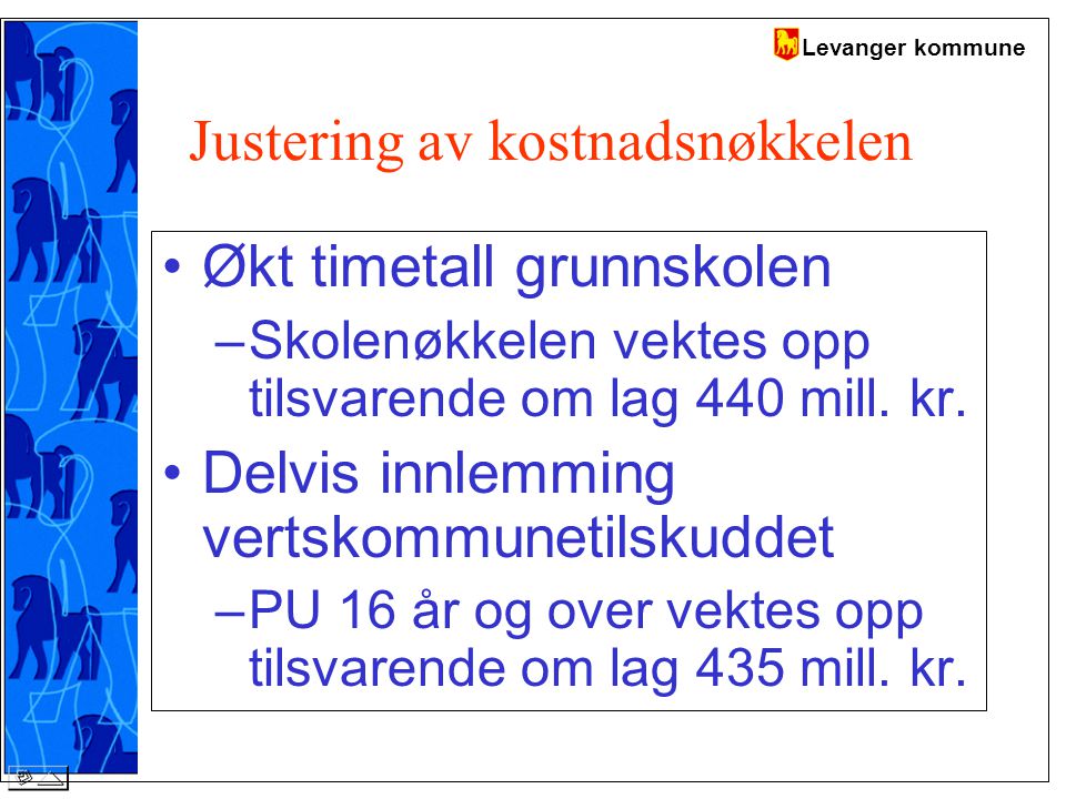 Levanger kommune Justering av kostnadsnøkkelen Økt timetall grunnskolen –Skolenøkkelen vektes opp tilsvarende om lag 440 mill.