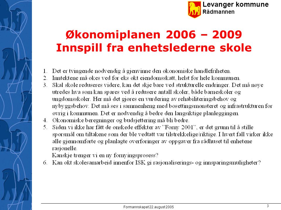Levanger kommune Rådmannen Formannskapet 22.august Økonomiplanen 2006 – 2009 Innspill fra enhetslederne skole