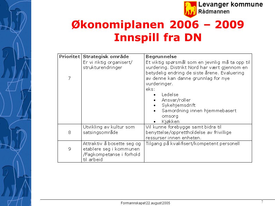 Levanger kommune Rådmannen Formannskapet 22.august Økonomiplanen 2006 – 2009 Innspill fra DN