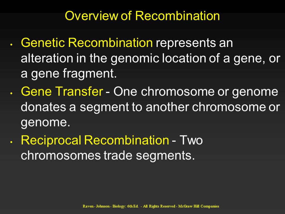 Overview of Recombination Genetic Recombination represents an alteration in the genomic location of a gene, or a gene fragment.
