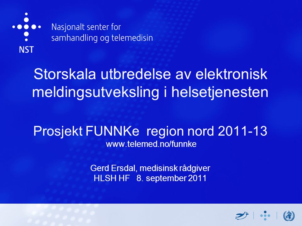 Storskala utbredelse av elektronisk meldingsutveksling i helsetjenesten Prosjekt FUNNKe region nord Gerd Ersdal, medisinsk rådgiver HLSH HF 8.