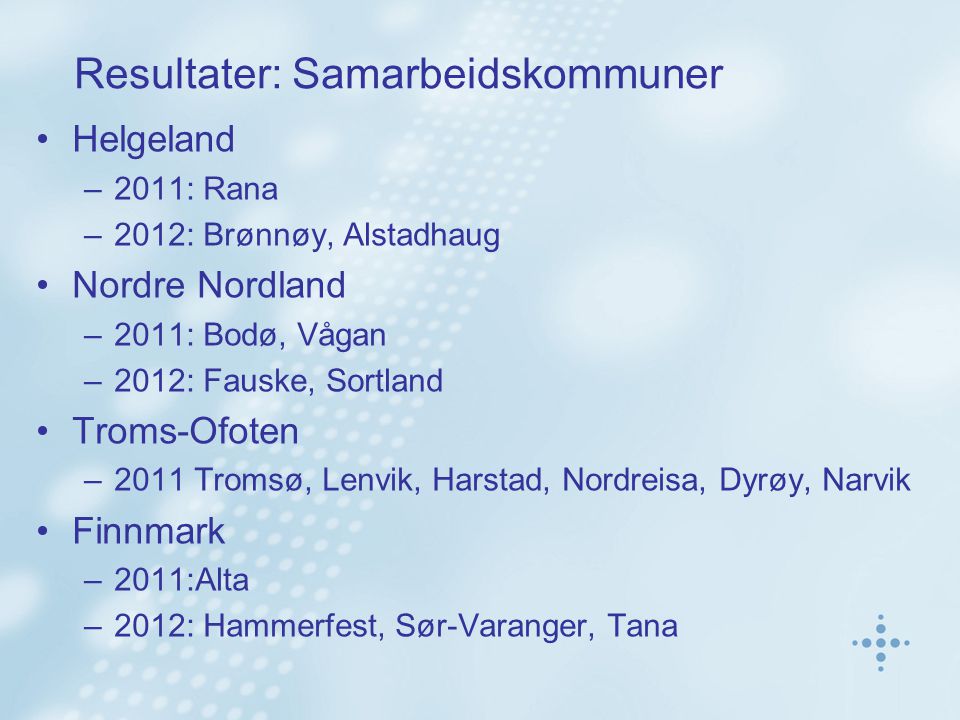 Resultater: Samarbeidskommuner Helgeland –2011: Rana –2012: Brønnøy, Alstadhaug Nordre Nordland –2011: Bodø, Vågan –2012: Fauske, Sortland Troms-Ofoten –2011 Tromsø, Lenvik, Harstad, Nordreisa, Dyrøy, Narvik Finnmark –2011:Alta –2012: Hammerfest, Sør-Varanger, Tana