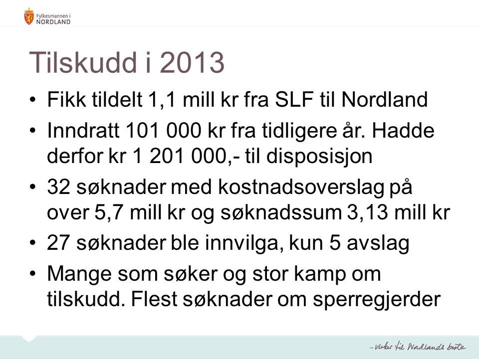 Tilskudd i 2013 Fikk tildelt 1,1 mill kr fra SLF til Nordland Inndratt kr fra tidligere år.
