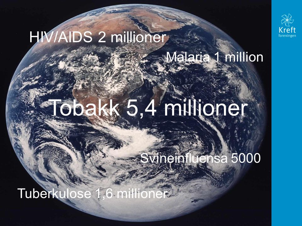 HIV/AIDS 2 millioner Malaria 1 million Tobakk 5,4 millioner Tuberkulose 1,6 millioner Svineinfluensa 5000