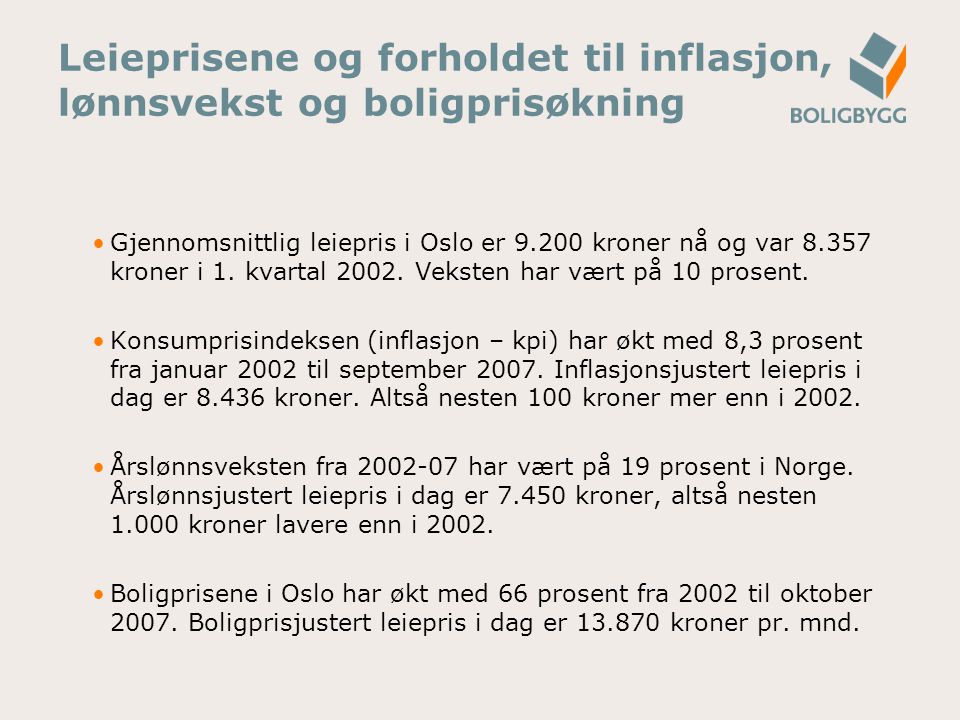 Leieprisene og forholdet til inflasjon, lønnsvekst og boligprisøkning Gjennomsnittlig leiepris i Oslo er kroner nå og var kroner i 1.