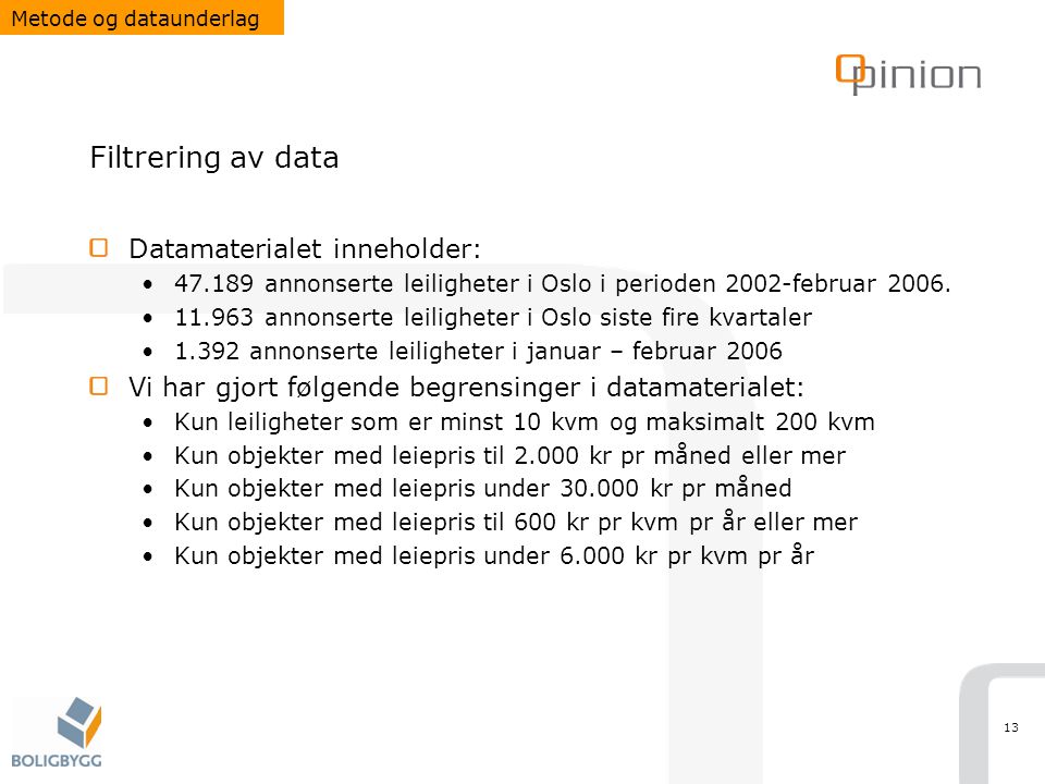 13 Filtrering av data Datamaterialet inneholder: annonserte leiligheter i Oslo i perioden 2002-februar 2006.