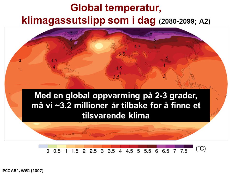 Helge Drange Geofysisk institutt Universitetet i Bergen IPCC AR4, WG1 (2007) Global temperatur, klimagassutslipp som i dag ( ; A2) Med en global oppvarming på 2-3 grader, må vi ~3.2 millioner år tilbake for å finne et tilsvarende klima