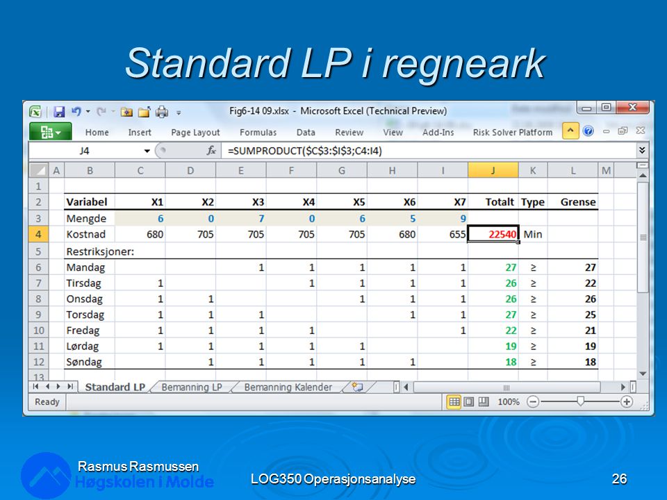 Standard LP i regneark LOG350 Operasjonsanalyse26 Rasmus Rasmussen