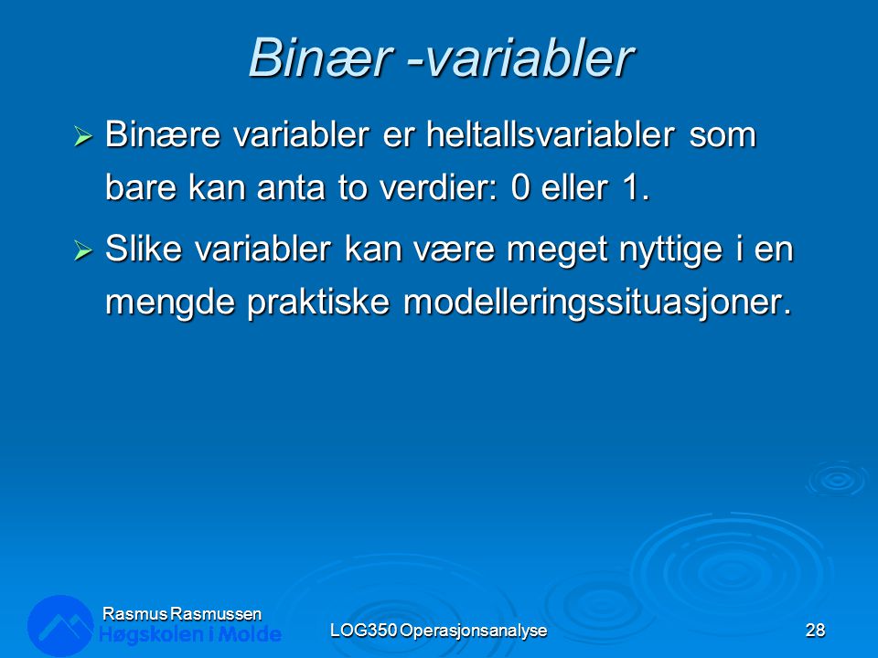 Binær -variabler  Binære variabler er heltallsvariabler som bare kan anta to verdier: 0 eller 1.
