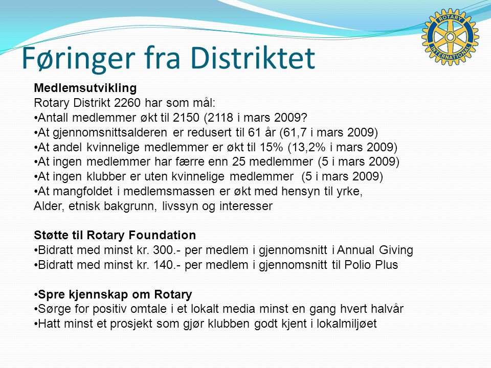 Føringer fra Distriktet Medlemsutvikling Rotary Distrikt 2260 har som mål: Antall medlemmer økt til 2150 (2118 i mars 2009.