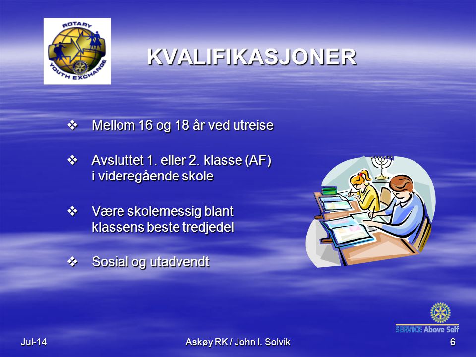 Jul-14Askøy RK / John I. Solvik6 KVALIFIKASJONER  Mellom 16 og 18 år ved utreise  Avsluttet 1.