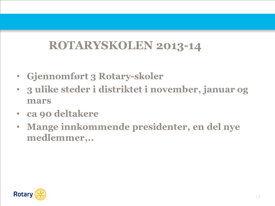| 2 ROTARYSKOLEN Gjennomført 3 Rotary-skoler 3 ulike steder i distriktet i november, januar og mars ca 90 deltakere Mange innkommende presidenter, en del nye medlemmer,..