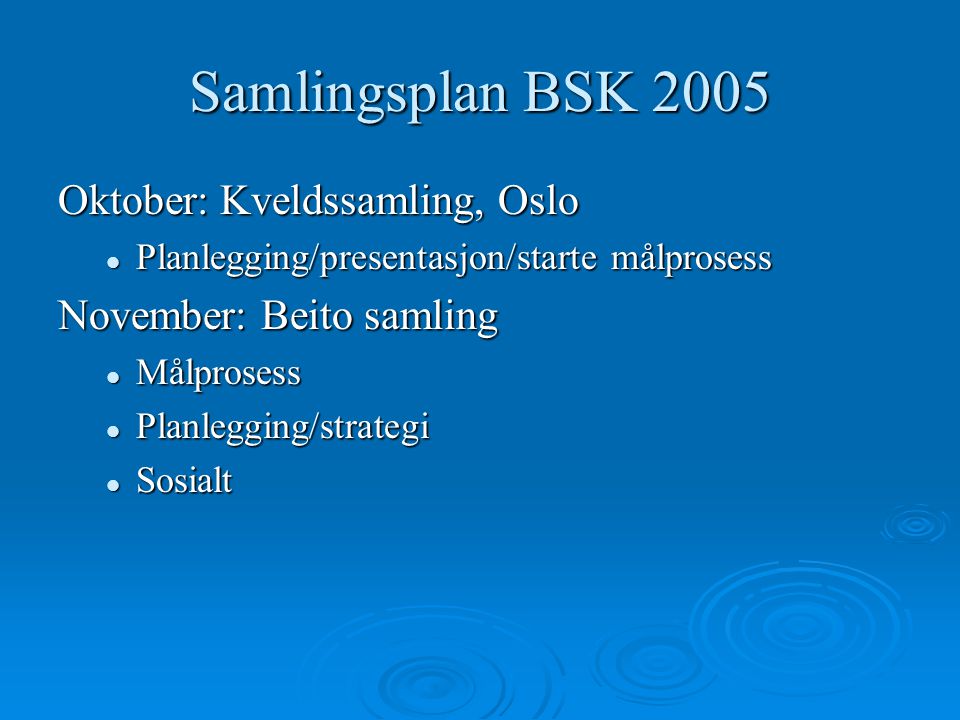 Samlingsplan BSK 2005 Oktober: Kveldssamling, Oslo Planlegging/presentasjon/starte målprosess Planlegging/presentasjon/starte målprosess November: Beito samling Målprosess Målprosess Planlegging/strategi Planlegging/strategi Sosialt Sosialt