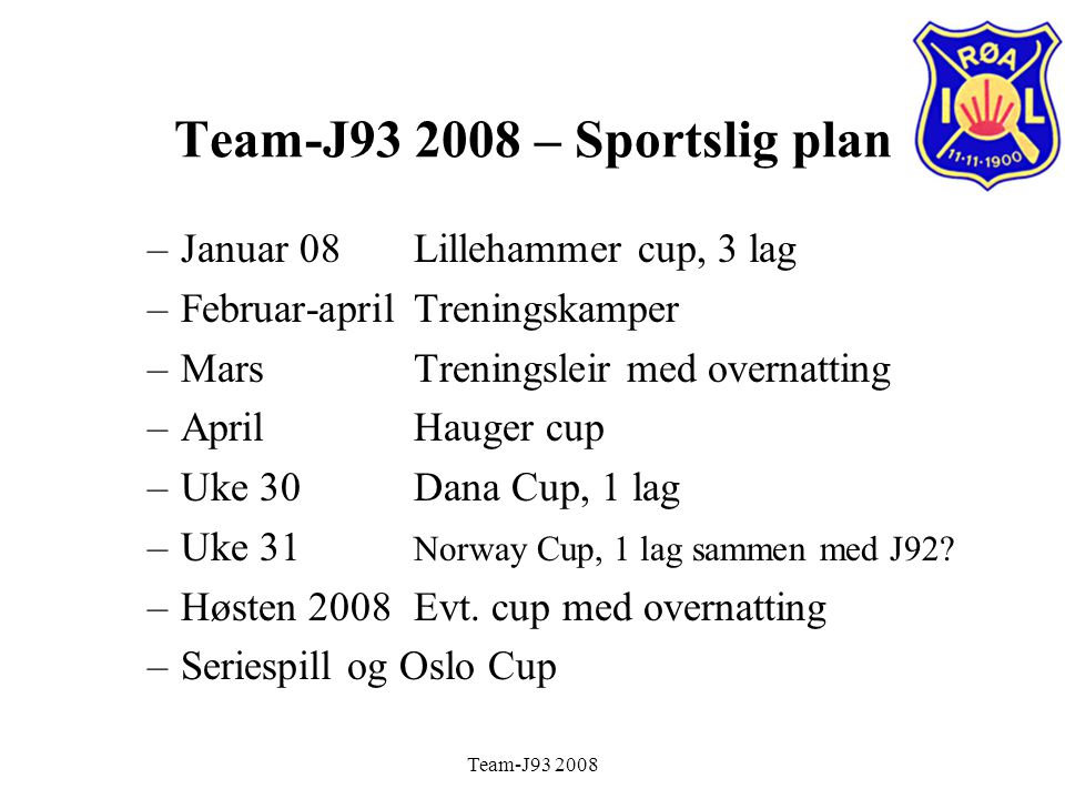 Team-J Team-J – Sportslig plan –Januar 08Lillehammer cup, 3 lag –Februar-aprilTreningskamper –MarsTreningsleir med overnatting –AprilHauger cup –Uke 30 Dana Cup, 1 lag –Uke 31 Norway Cup, 1 lag sammen med J92.