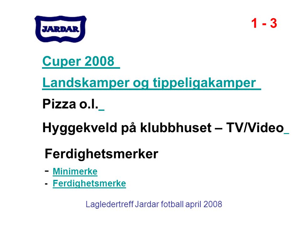 Lagledertreff Jardar fotball april 2008 Cuper 2008 Landskamper og tippeligakamper Pizza o.l.