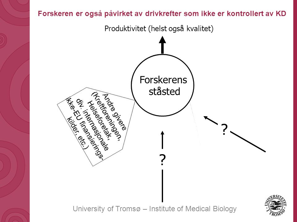 University of Tromsø – Institute of Medical Biology Produktivitet (helst også kvalitet) Forskeren er også påvirket av drivkrefter som ikke er kontrollert av KD Forskerens ståsted .