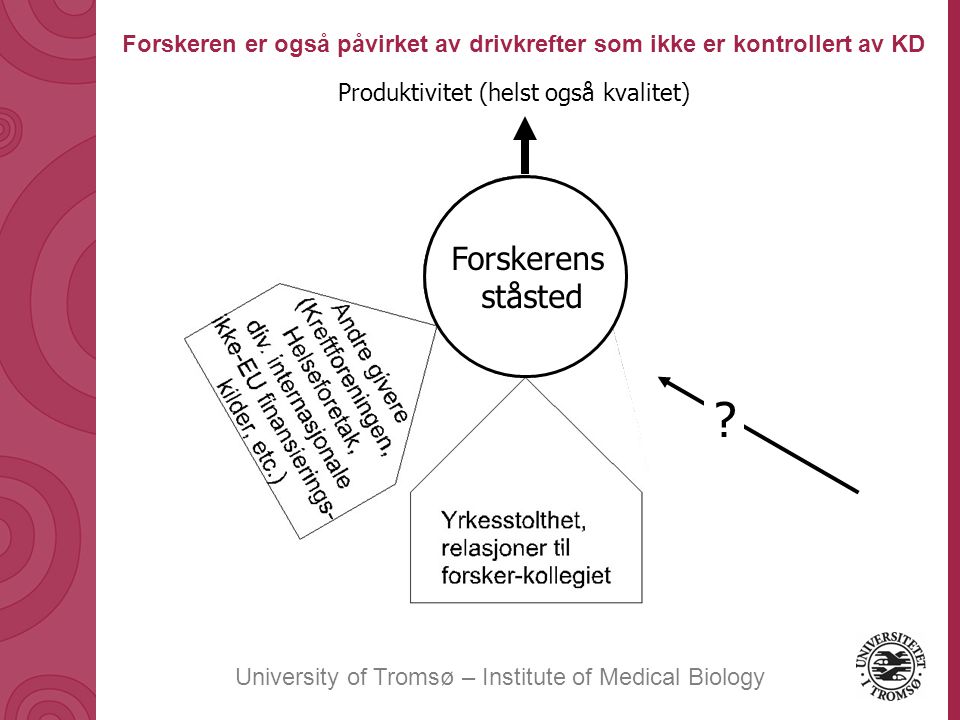University of Tromsø – Institute of Medical Biology Produktivitet (helst også kvalitet) Forskeren er også påvirket av drivkrefter som ikke er kontrollert av KD Forskerens ståsted .