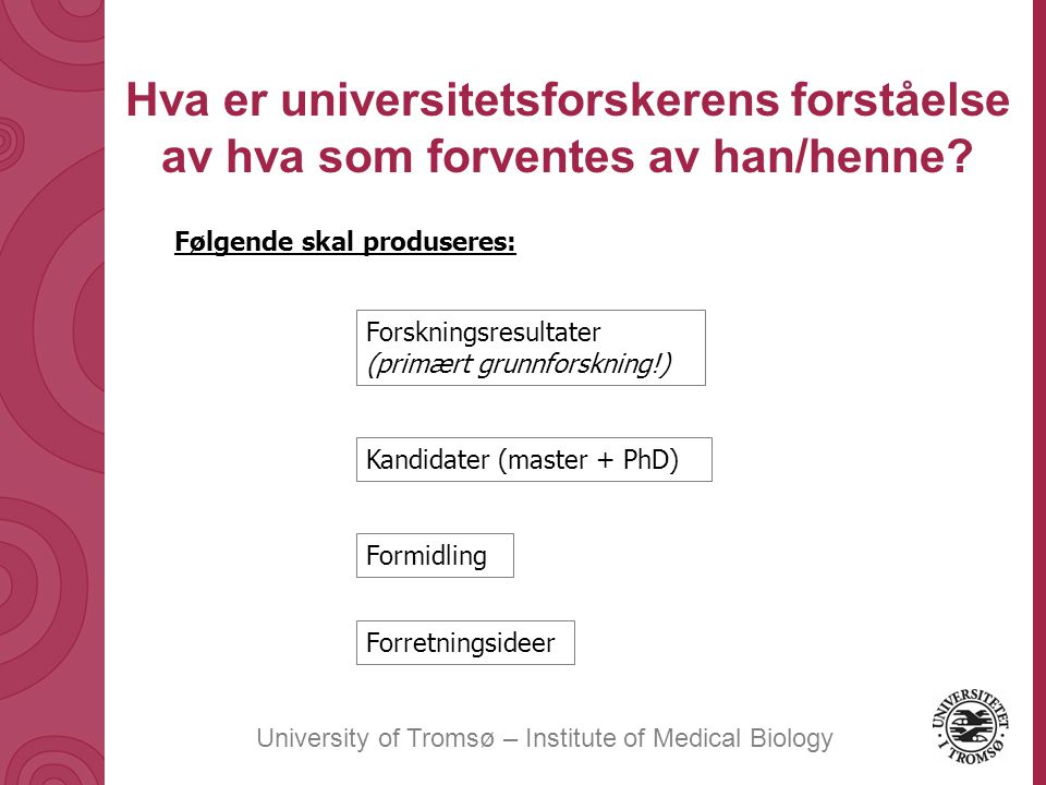 University of Tromsø – Institute of Medical Biology Hva er universitetsforskerens forståelse av hva som forventes av han/henne.