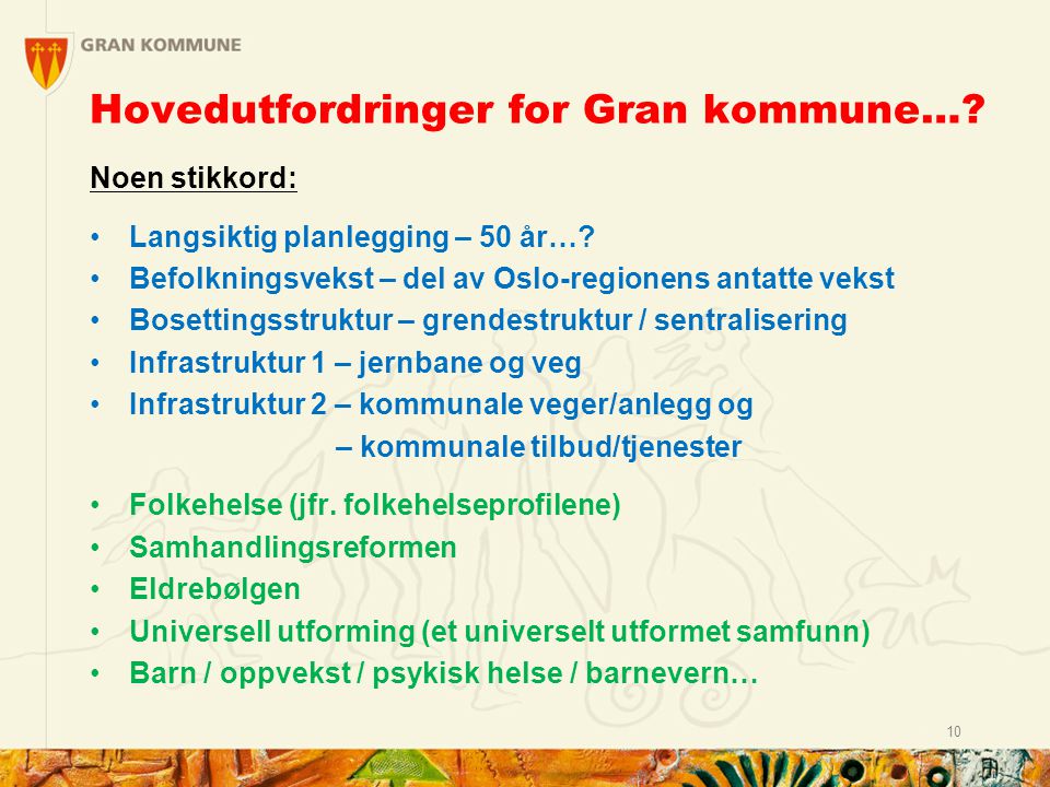 Hovedutfordringer for Gran kommune…. Noen stikkord: Langsiktig planlegging – 50 år….