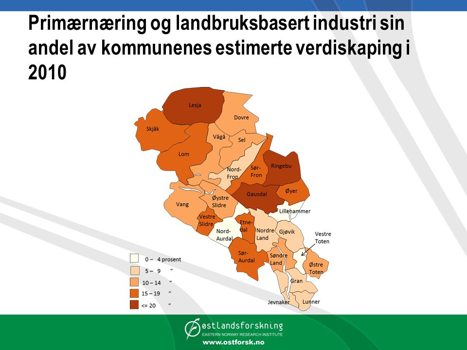 Primærnæring og landbruksbasert industri sin andel av kommunenes estimerte verdiskaping i 2010