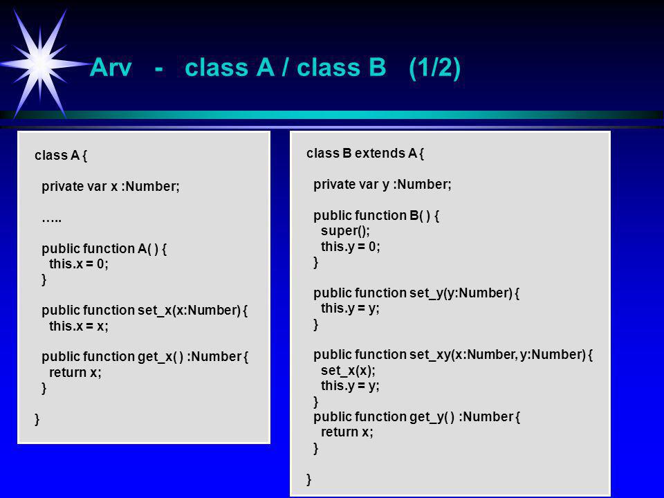 Arv - class A / class B (1/2) class A { private var x :Number; …..