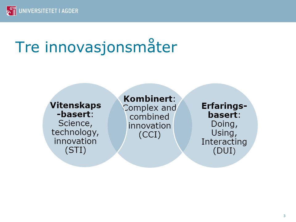Tre innovasjonsmåter 3 Kombinert: Complex and combined innovation (CCI) Erfarings- basert: Doing, Using, Interacting (DUI ) Vitenskaps -basert: Science, technology, innovation (STI)