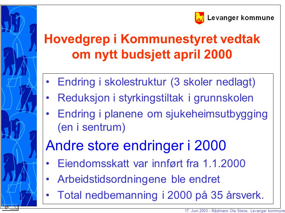 17. Juni Rådmann Ola Stene, Levanger kommune Levanger kommune var teknisk konkurs i 2000