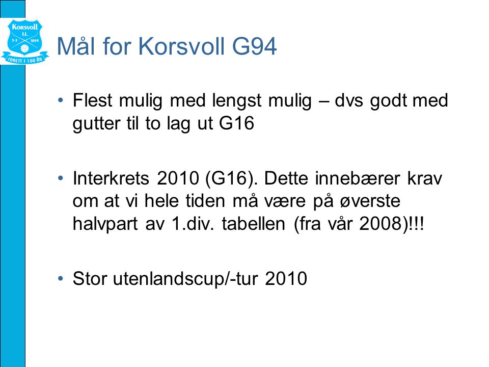 Mål for Korsvoll G94 Flest mulig med lengst mulig – dvs godt med gutter til to lag ut G16 Interkrets 2010 (G16).