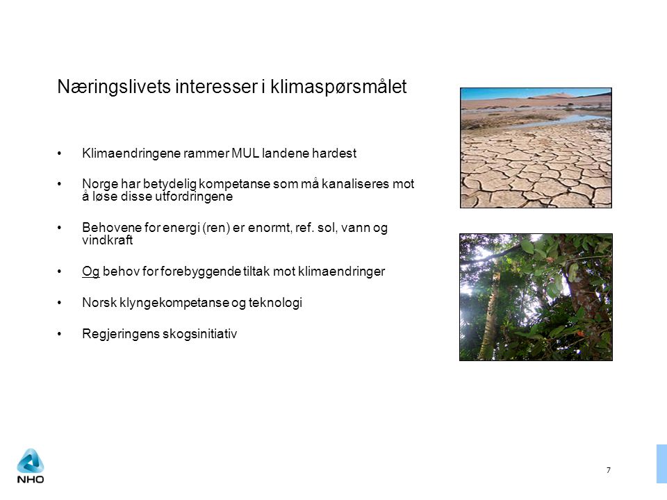 7 Næringslivets interesser i klimaspørsmålet Klimaendringene rammer MUL landene hardest Norge har betydelig kompetanse som må kanaliseres mot å løse disse utfordringene Behovene for energi (ren) er enormt, ref.