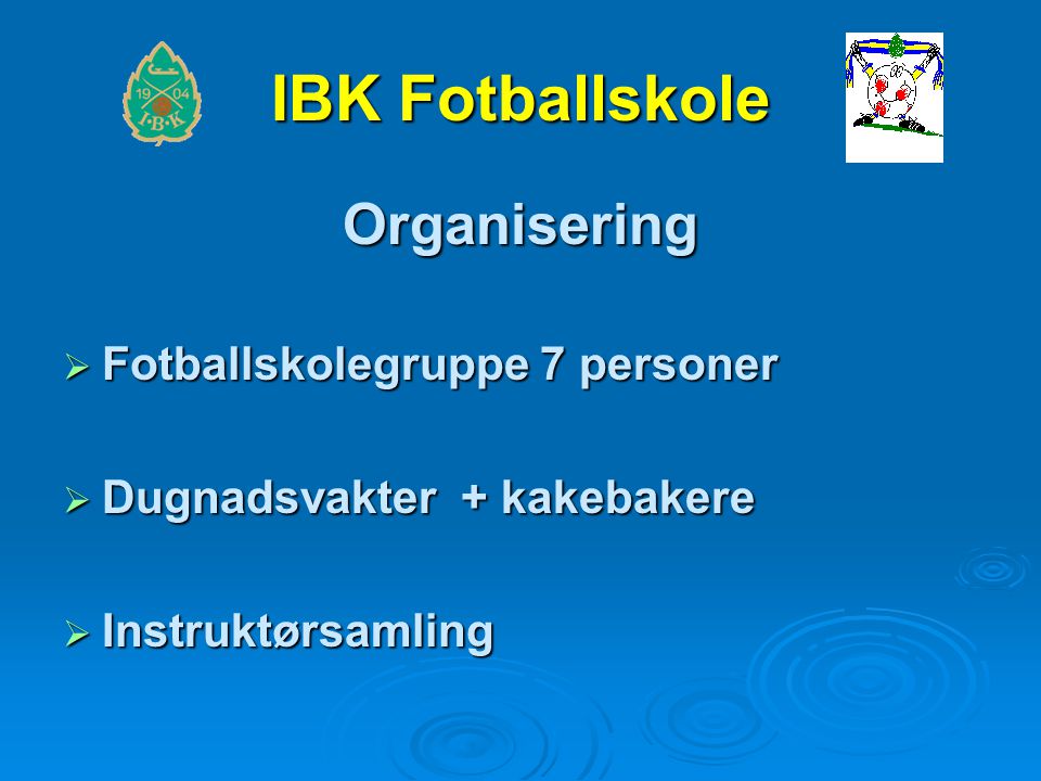 IBK Fotballskole Organisering  Fotballskolegruppe 7 personer  Dugnadsvakter + kakebakere  Instruktørsamling