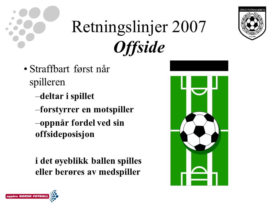 Retningslinjer 2007 Offside Straffbart først når spilleren –deltar i spillet –forstyrrer en motspiller –oppnår fordel ved sin offsideposisjon i det øyeblikk ballen spilles eller berøres av medspiller