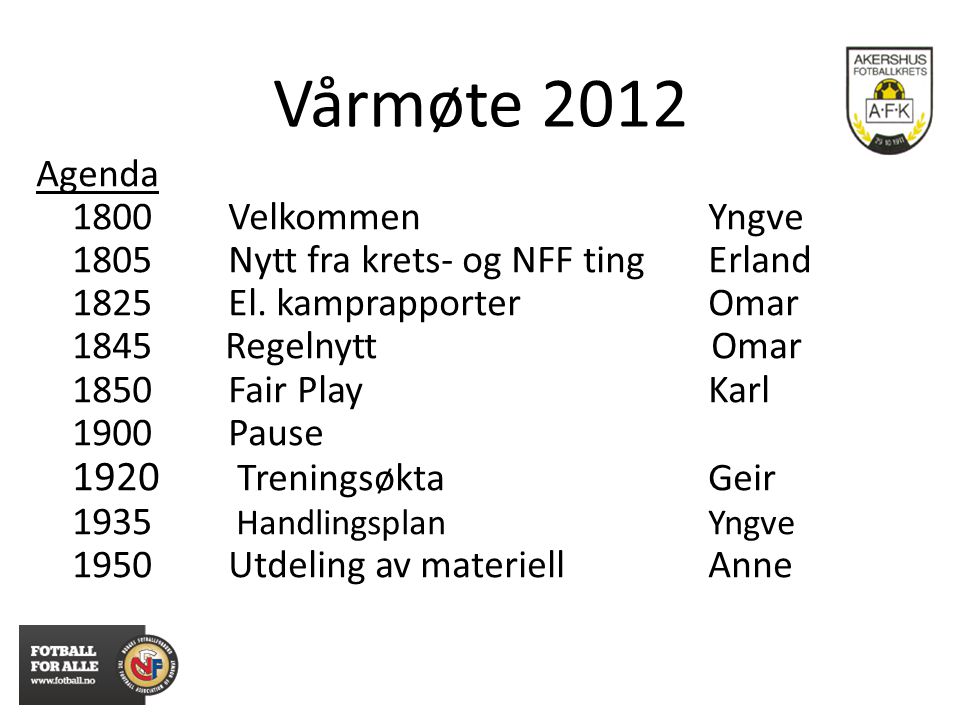 Vårmøte 2012 Agenda 1800VelkommenYngve 1805Nytt fra krets- og NFF tingErland 1825El.