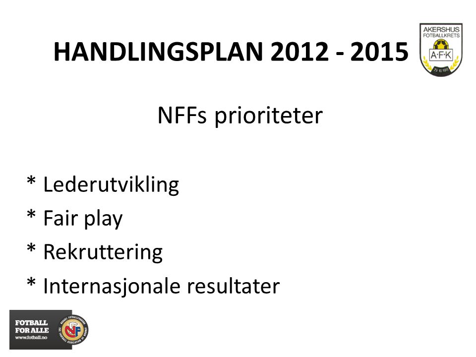 HANDLINGSPLAN NFFs prioriteter * Lederutvikling * Fair play * Rekruttering * Internasjonale resultater