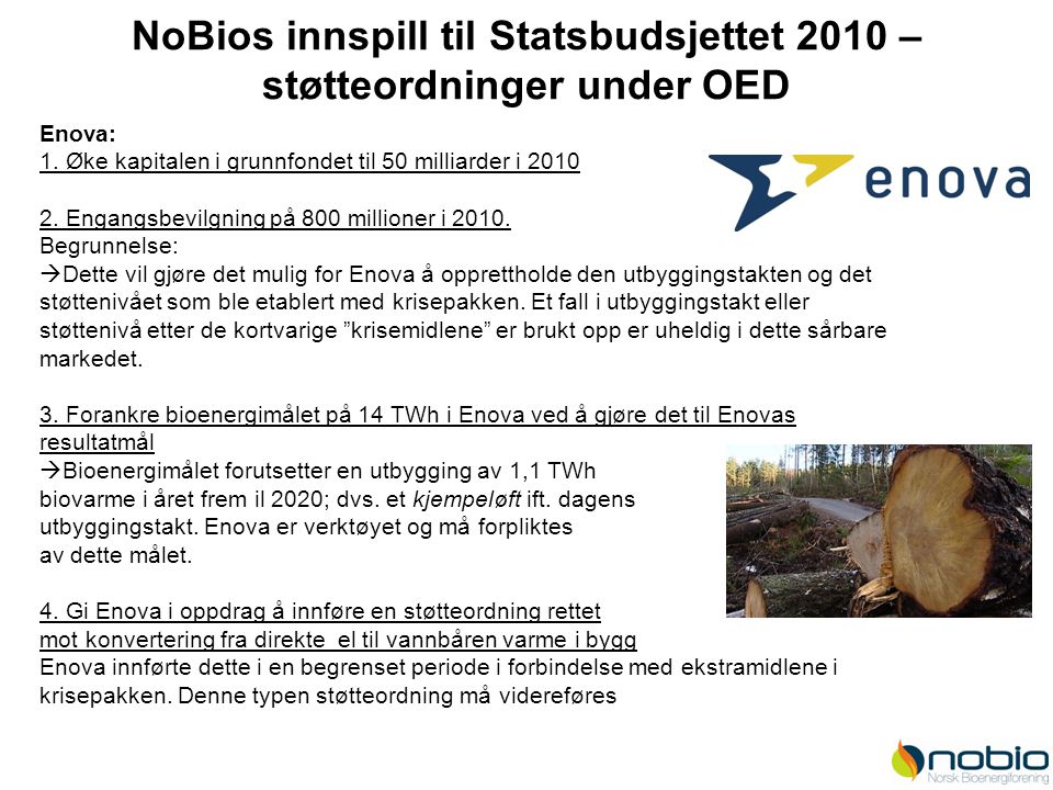 NoBios innspill til Statsbudsjettet 2010 – støtteordninger under OED Enova: 1.