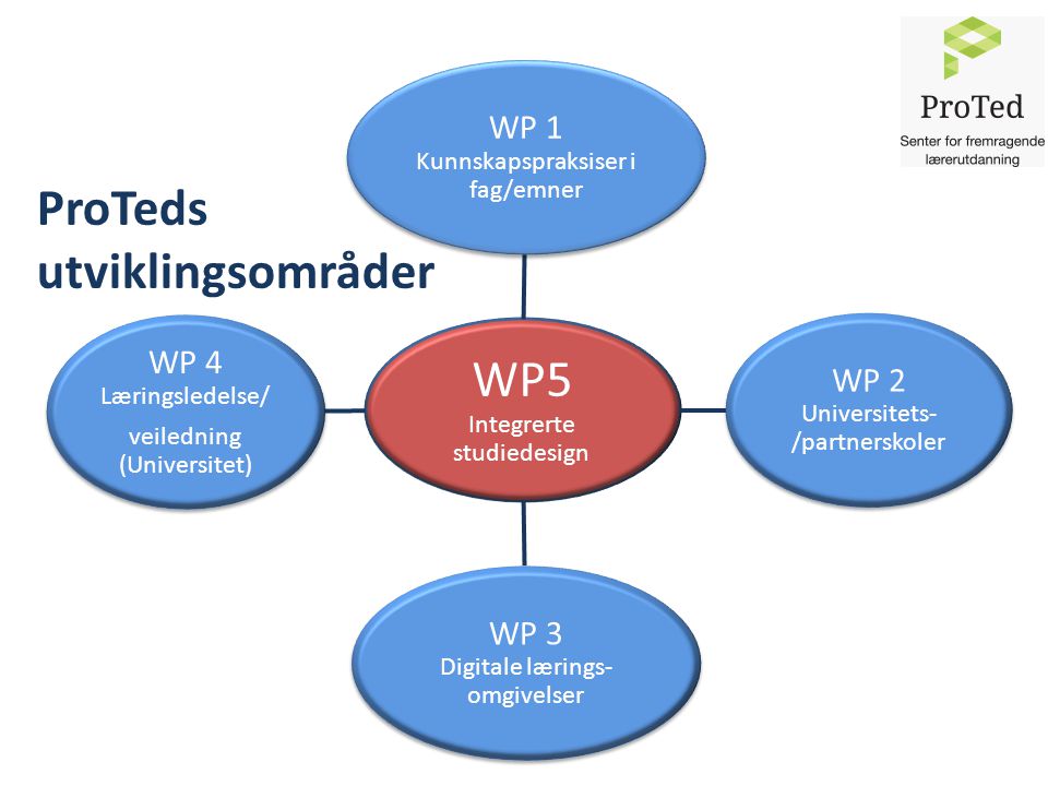 WP5 Integrerte studiedesign WP 1 Kunnskapspraksiser i fag/emner WP 2 Universitets- /partnerskoler WP 3 Digitale lærings- omgivelser WP 4 Læringsledelse/ veiledning (Universitet) ProTeds utviklingsområder