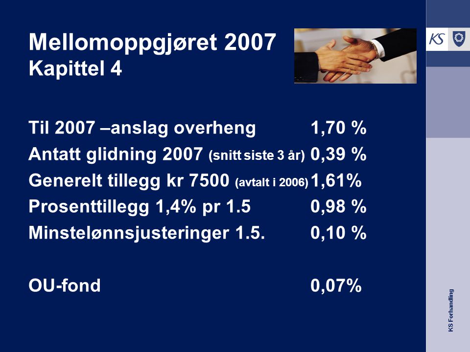 Mellomoppgjøret 2007 Kapittel 4 Til 2007 –anslag overheng 1,70 % Antatt glidning 2007 (snitt siste 3 år) 0,39 % Generelt tillegg kr 7500 (avtalt i 2006) 1,61% Prosenttillegg 1,4% pr 1.50,98 % Minstelønnsjusteringer 1.5.0,10 % OU-fond 0,07%