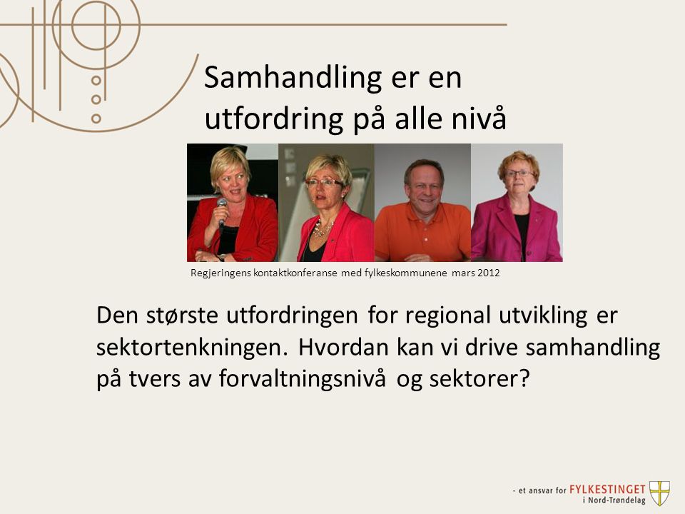Regjeringens kontaktkonferanse med fylkeskommunene mars 2012 Den største utfordringen for regional utvikling er sektortenkningen.