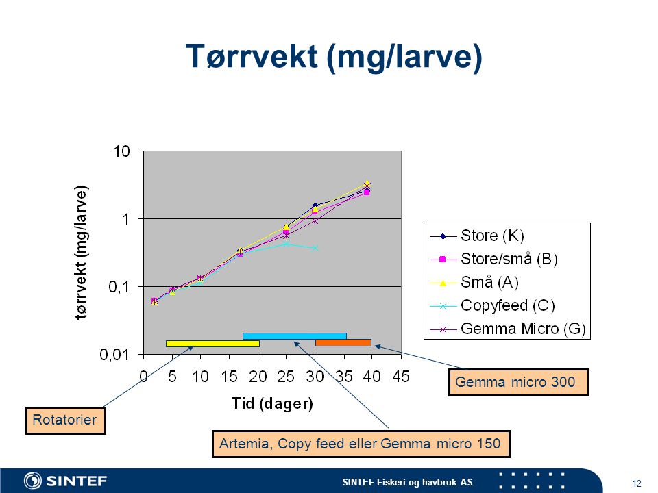 SINTEF Fiskeri og havbruk AS 12 Tørrvekt (mg/larve) Rotatorier Artemia, Copy feed eller Gemma micro 150 Gemma micro 300