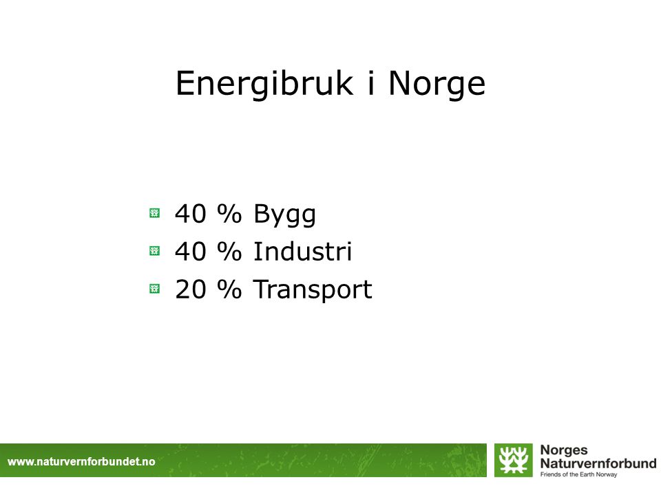 40 % Bygg 40 % Industri 20 % Transport Energibruk i Norge