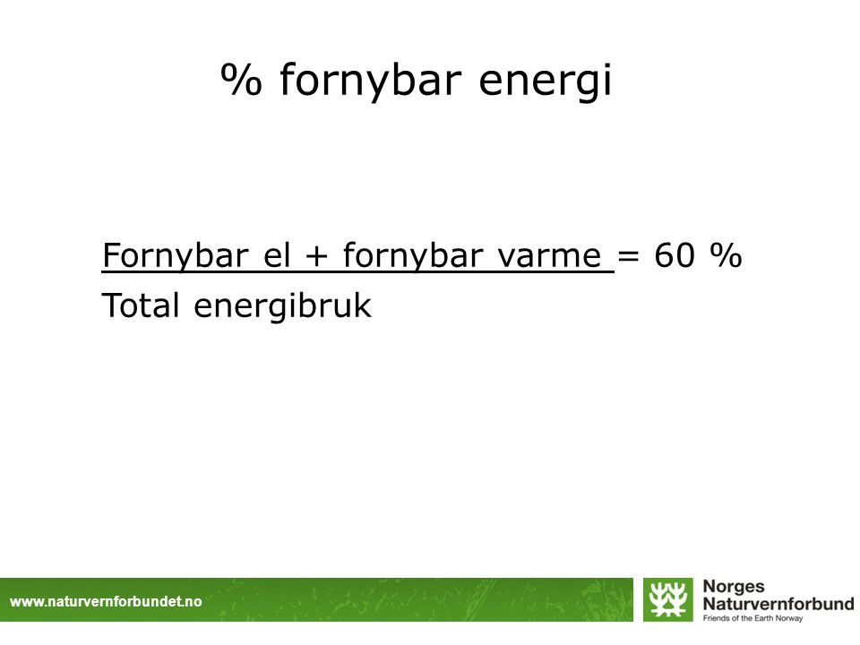 Fornybar el + fornybar varme = 60 % Total energibruk % fornybar energi