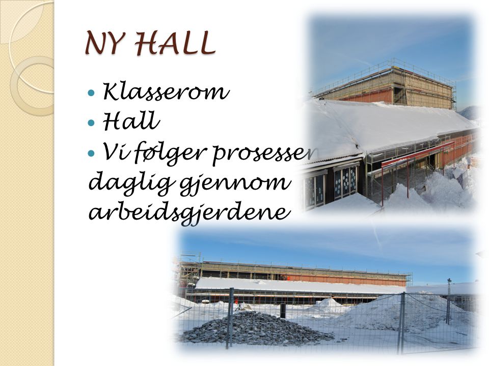 NY HALL Klasserom Hall Vi følger prosessen daglig gjennom arbeidsgjerdene