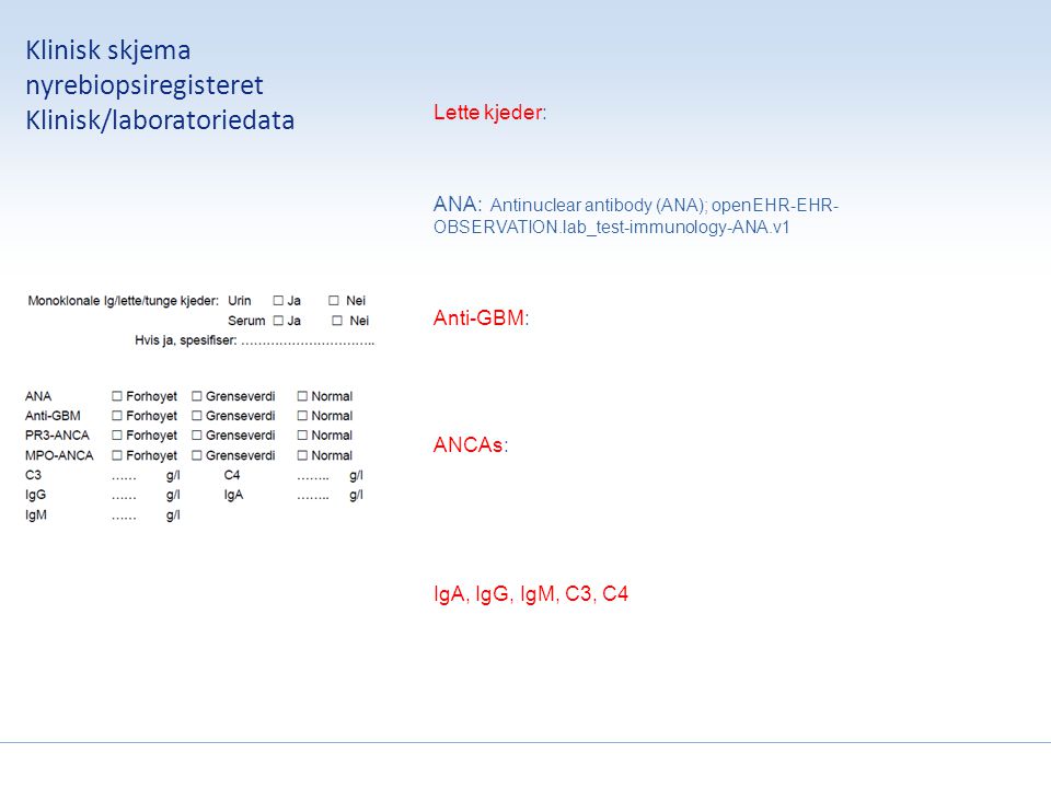 Klinisk skjema nyrebiopsiregisteret Klinisk/laboratoriedata Lette kjeder: ANA: Antinuclear antibody (ANA); openEHR-EHR- OBSERVATION.lab_test-immunology-ANA.v1 Anti-GBM: ANCAs: IgA, IgG, IgM, C3, C4