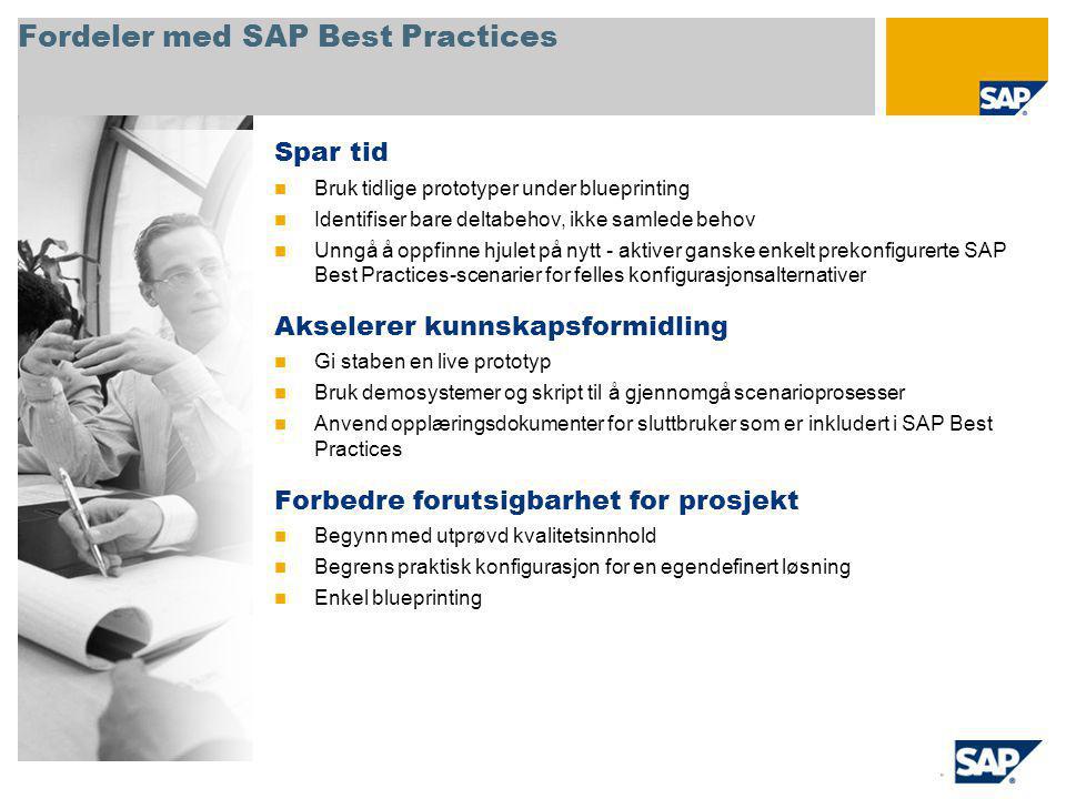 Fordeler med SAP Best Practices Spar tid Bruk tidlige prototyper under blueprinting Identifiser bare deltabehov, ikke samlede behov Unngå å oppfinne hjulet på nytt - aktiver ganske enkelt prekonfigurerte SAP Best Practices-scenarier for felles konfigurasjonsalternativer Akselerer kunnskapsformidling Gi staben en live prototyp Bruk demosystemer og skript til å gjennomgå scenarioprosesser Anvend opplæringsdokumenter for sluttbruker som er inkludert i SAP Best Practices Forbedre forutsigbarhet for prosjekt Begynn med utprøvd kvalitetsinnhold Begrens praktisk konfigurasjon for en egendefinert løsning Enkel blueprinting